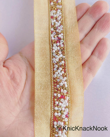 Beige Fabric Trim With Copper, Gold And White Beads Embellishments, Beaded Trim